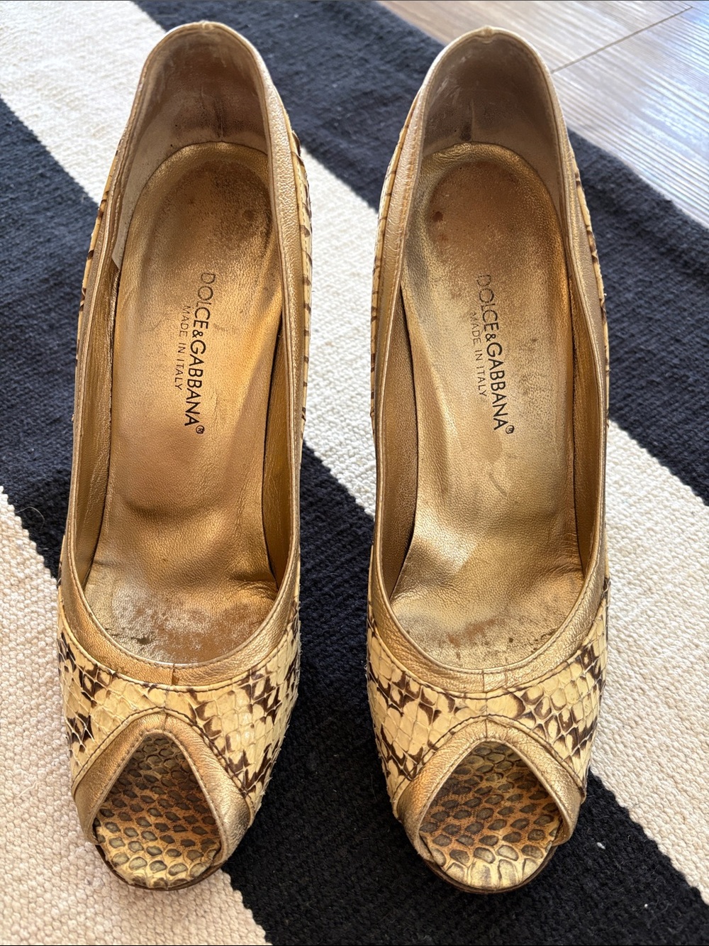 Dolce & Gabbana Metallic Gold Snakeskin Peep-Toe Heels